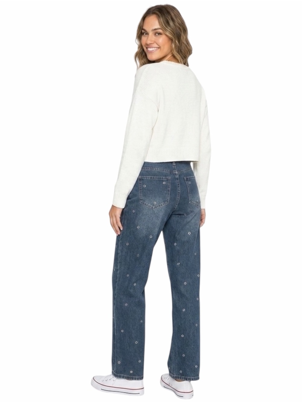 Cali1850 All Over Grommet Low Rise Straight Jeans - Medium Wash size 7/28 - Picture 2 of 16